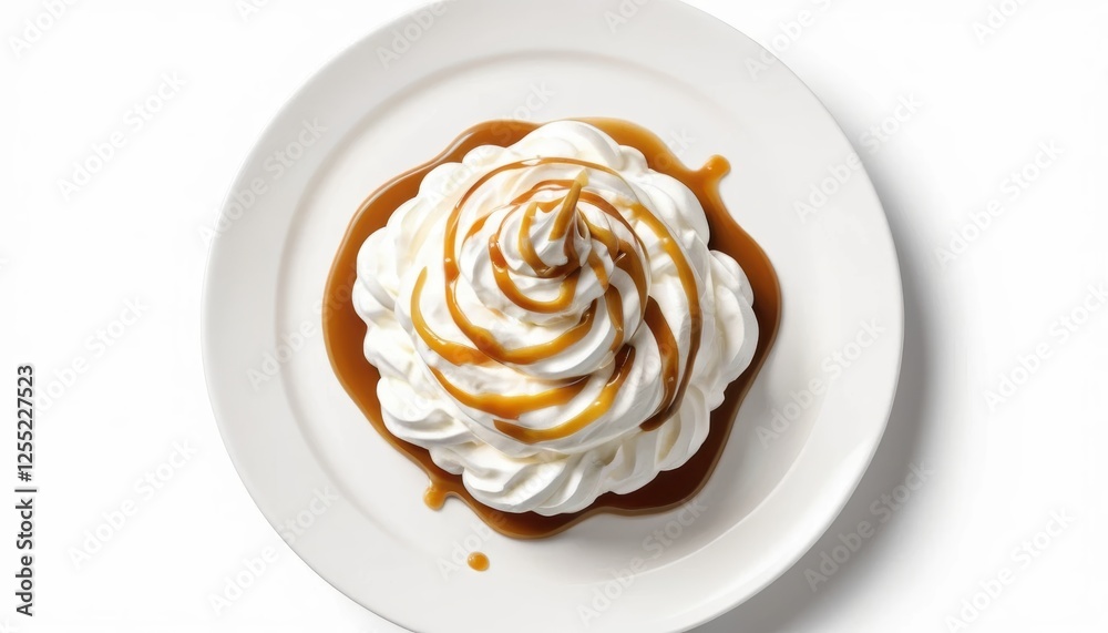 Swirled Whipped Cream Topped with Rich Caramel Sauce on a White Plate with a Smooth Finish Perfect for Dessert Lovers Swirled Whipped Cream Topped with Rich Caramel Sauce on a White Plate with a Smooth Finish Perfect for Dessert Lovers