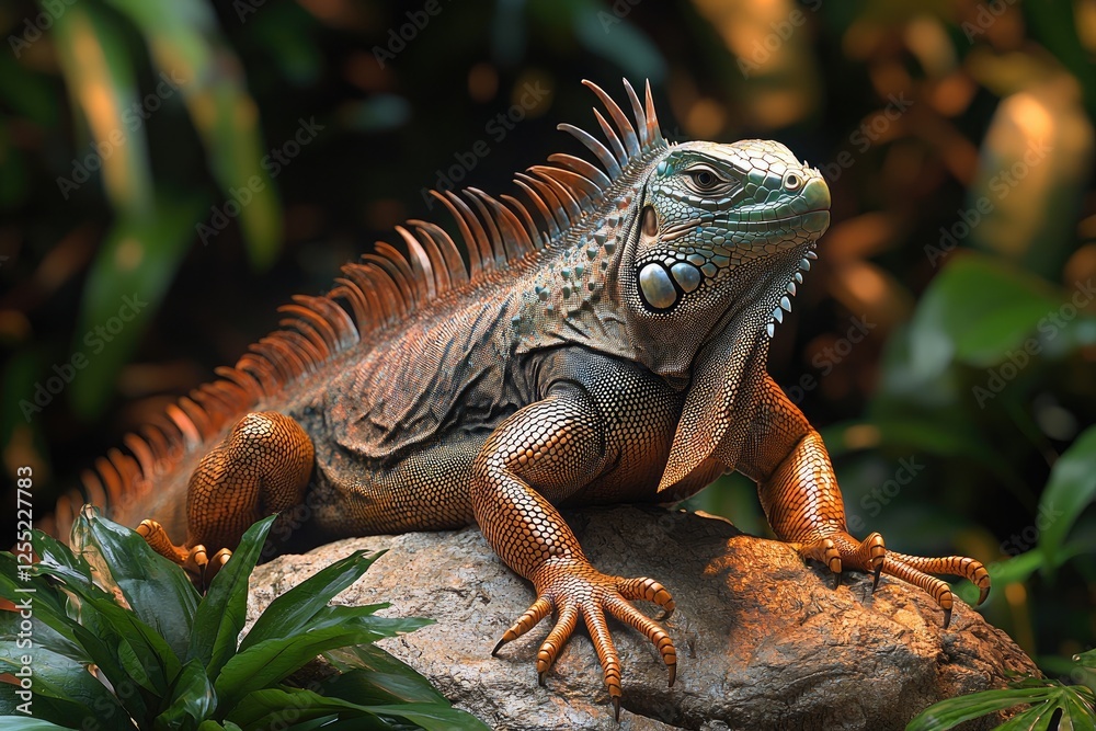Green Iguana Reptile Basking On Rock In Jungle Habitat Green Iguana Reptile Basking On Rock In Jungle Habitat