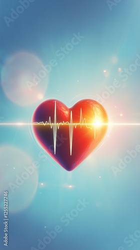 Radiant red heart with a glowing pulse line under sunlight on a bright blue sky background symbolizing health vitality and cardiovascular wellness