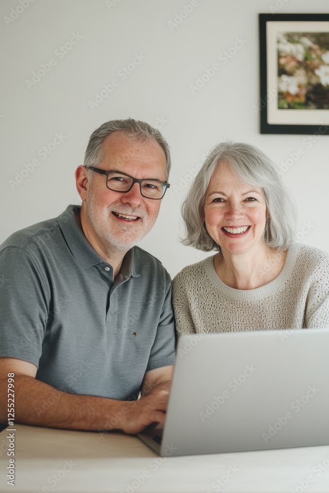 Couple using laptop at home for leisure activities or online shopping, smiling together, enjoying technology and sharing moments, showcasing modern lifestyle. Couple using laptop at home for leisure activities or online shopping, smiling together, enjoying technology and sharing moments, showcasing modern lifestyle.