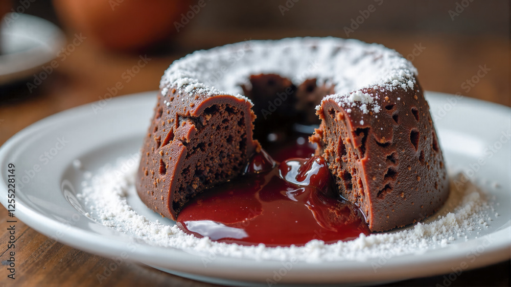 Decadent molten chocolate cake served on a white plate with powdered sugar in a cozy restaurant setting Decadent molten chocolate cake served on a white plate with powdered sugar in a cozy restaurant setting
