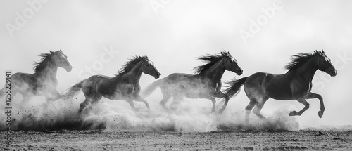 Majestic horses galloping through a dusty landscape, showcasing their strength and grace