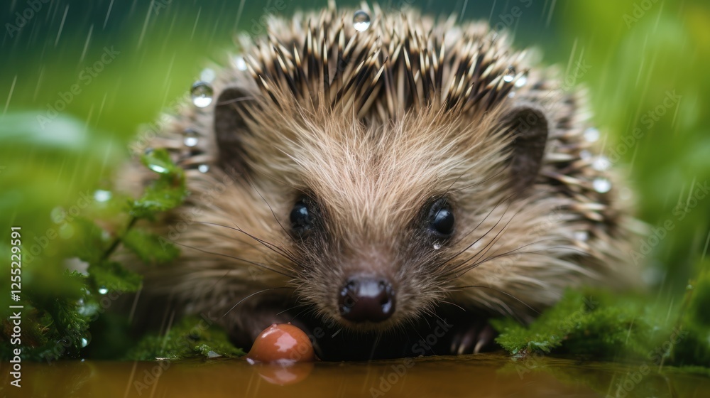 Close-up of a hedgehog in the rain amidst lush greenery and reflections Close-up of a hedgehog in the rain amidst lush greenery and reflections