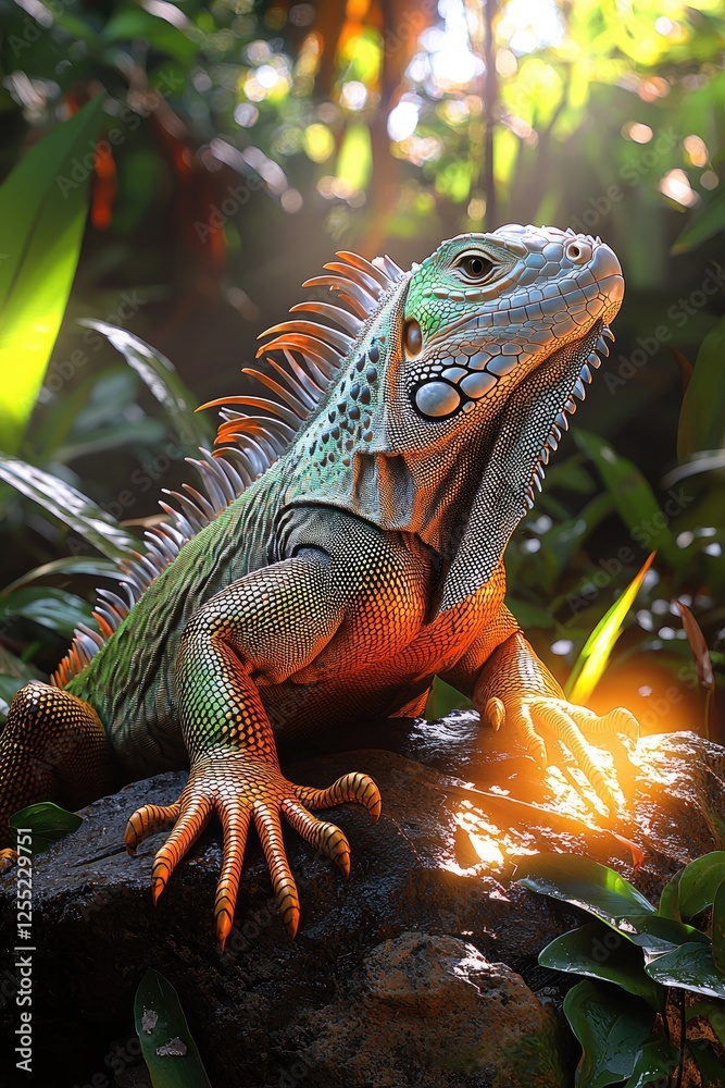 Fototapeta premium Green Iguana Basking In Tropical Sunlight
