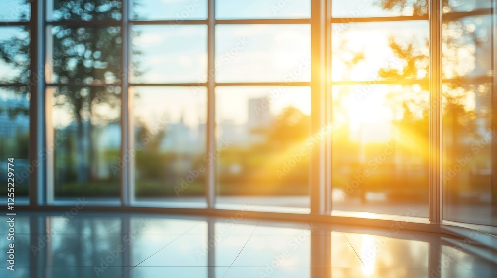 Fototapeta premium Bright sunrise illuminating a modern office space with large windows showcasing a city skyline in the background