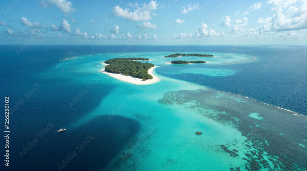 Obraz premium Pristine Tropical Paradise Islands Surrounded by Turquoise Lagoon and Coral Reefs