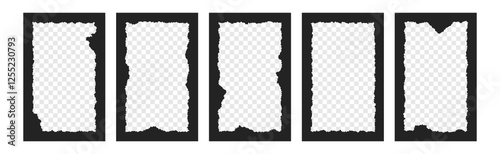 Vector set of black rectangle shape frames with jagged edges. Ragged text box with empty transparent space inside. Torn photo picture borders, tattered mirrors, text box frameworks with tear sheets