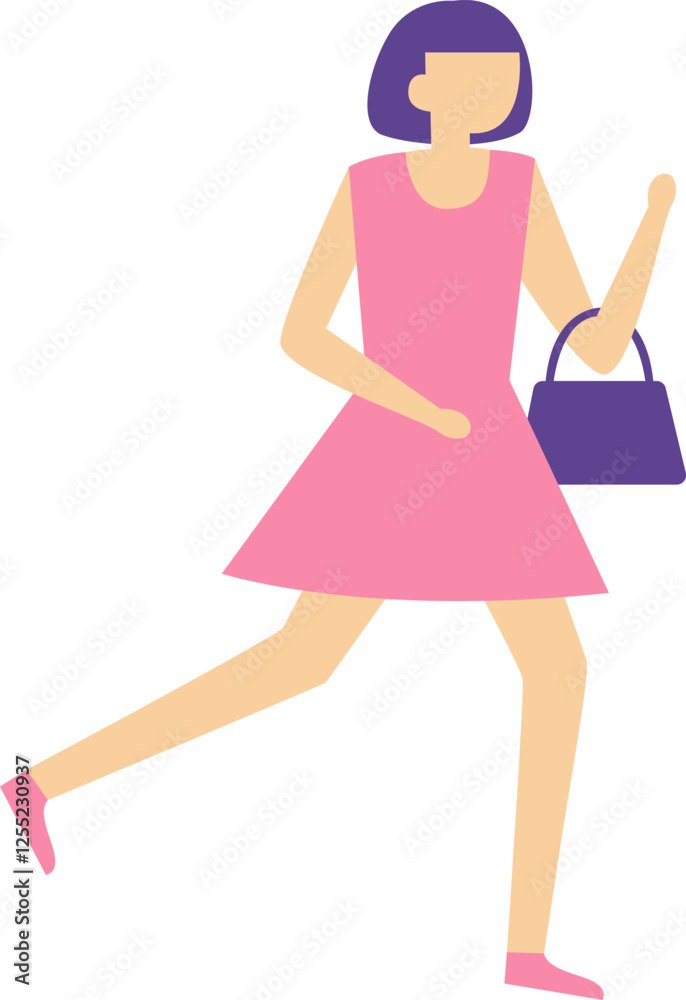 Young woman running with a purple handbag and a pink dress, representing concepts like shopping, hurrying, being late, or simply an active lifestyle