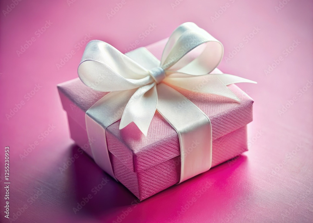 Fototapeta premium Delicate pastel pink gift box, adorned with a pristine white ribbon, captured in a close-up, detailed photograph.