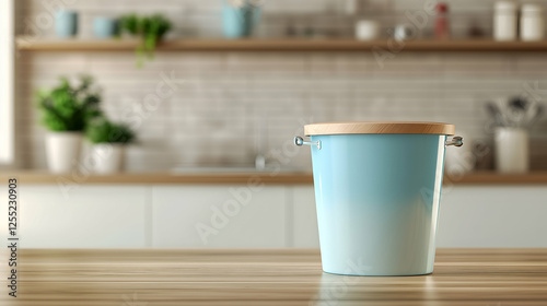 Wallpaper Mural Cleaning bucket on a wooden table in a cozy kitchen, a symbol of domestic cleanliness, order, and responsible home care routines. Torontodigital.ca