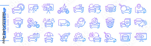 Vector set thin line icons of car dealer. Auto sale dealership, automotive industry, vehicle trade center linear symbols. Rental service, automobile repair shop, road support, transportation insurance