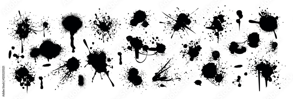 Set of spray paint drips, black blots or ink splatters. Blobs or inky spots with graffiti dirty grunge effect. Brush stains or inkblots with spatters or drops. Vector design elements in street style.