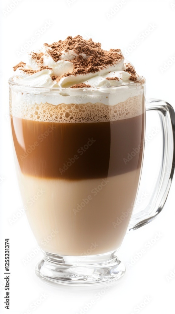 A beautifully layered cappuccino with rich, foamy milk sits invitingly in a clear glass cup. The luscious whipped cream is topped with a sprinkle of cocoa, offering a moment of pure indulgence A beautifully layered cappuccino with rich, foamy milk sits invitingly in a clear glass cup. The luscious whipped cream is topped with a sprinkle of cocoa, offering a moment of pure indulgence