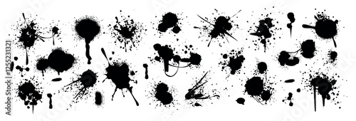 Set of spray paint drips, black blots or ink splatters. Blobs or inky spots with graffiti dirty grunge effect. Brush stains or inkblots with spatters or drops. Vector design elements in street style.