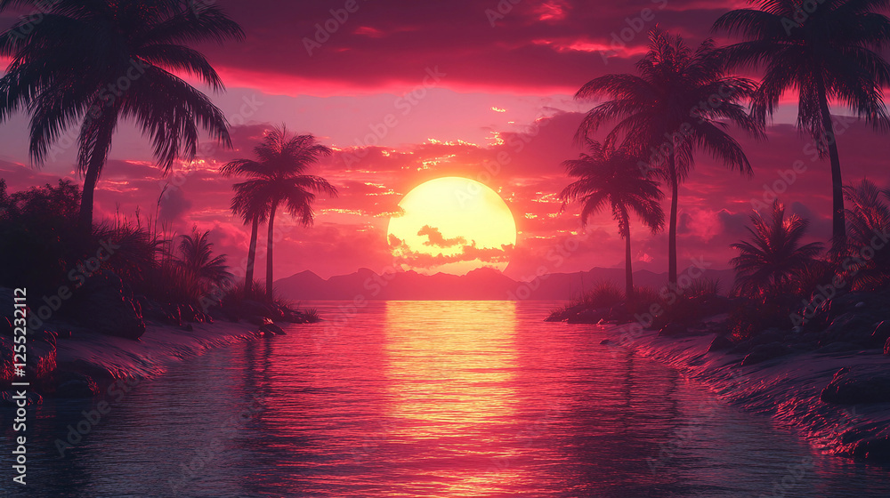 © elabi creative - Retro 80s aesthetic sunset with palm trees, vibrant neon colors, geometric shapes, vaporwave style © elabi creative - Retro 80s aesthetic sunset with palm trees, vibrant neon colors, geometric shapes, vaporwave style