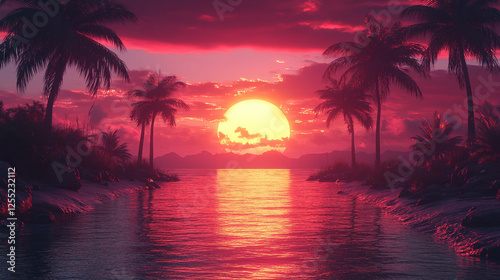 Retro 80s aesthetic sunset with palm trees, vibrant neon colors, geometric shapes, vaporwave style