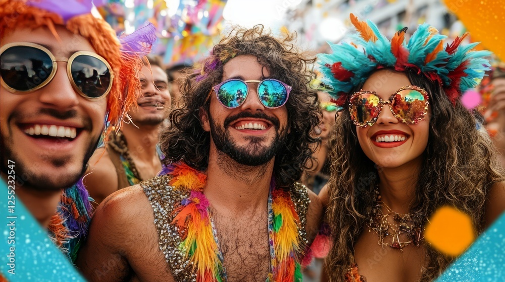 Obraz premium A group of friends in carnival costumes, enjoying the lively atmosphere of the celebration 