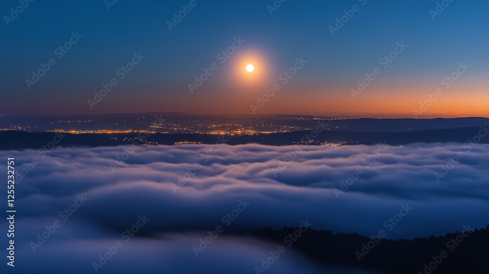 Serene Moonrise Over Foggy Valley at Dusk with City Lights Serene Moonrise Over Foggy Valley at Dusk with City Lights