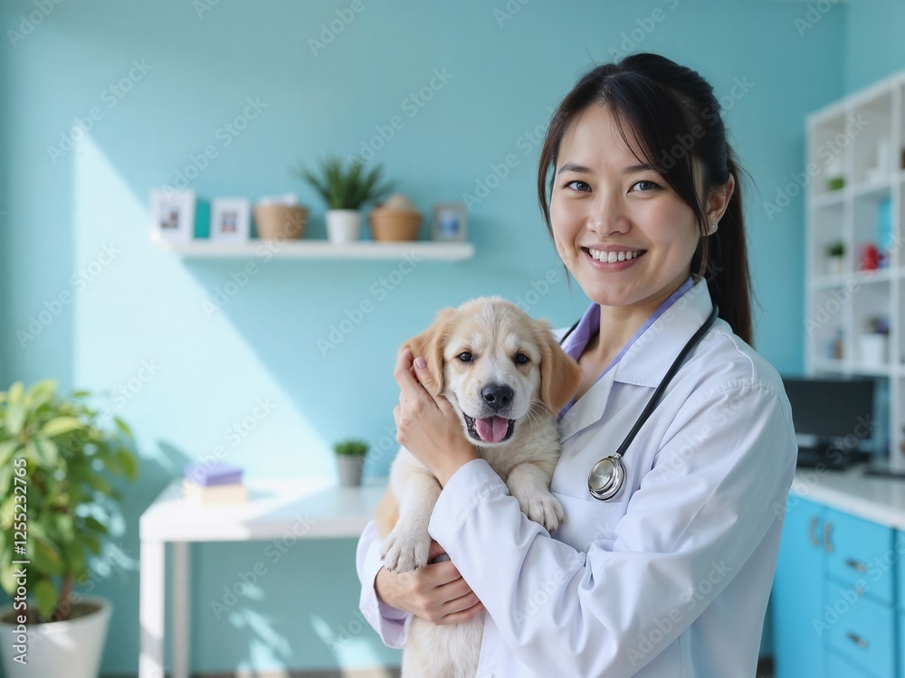 Portrait of an Asian Woman Veterinarian Smiling Calmly While Holding a Puppy in a Clean Veterinary Clinic Setting Portrait of an Asian Woman Veterinarian Smiling Calmly While Holding a Puppy in a Clean Veterinary Clinic Setting