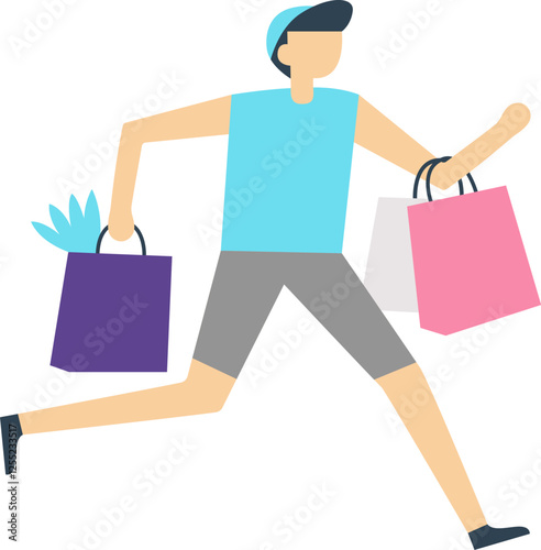 Happy customer running joyfully while holding colorful shopping bags after a successful shopping spree, celebrating purchases and discounts in a vibrant consumerism moment