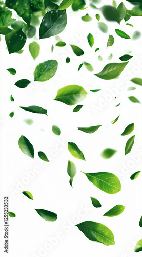 Falling green leaves, white background, PNG element, PNG format, high resolution, professional photograph, highly detailed, high definition, low contrast and sharpness. 