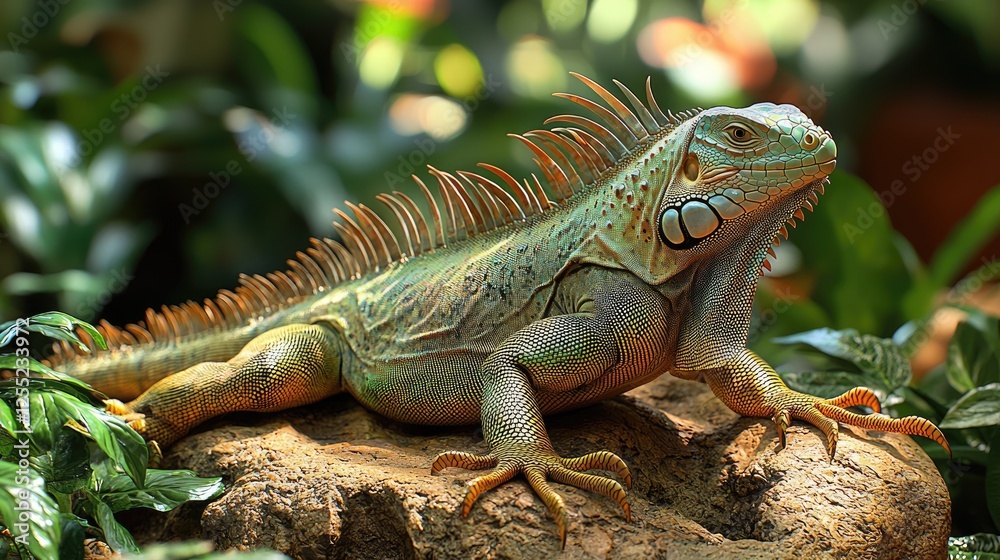 Green Iguana Resting On A Rock In Lush Foliage Green Iguana Resting On A Rock In Lush Foliage