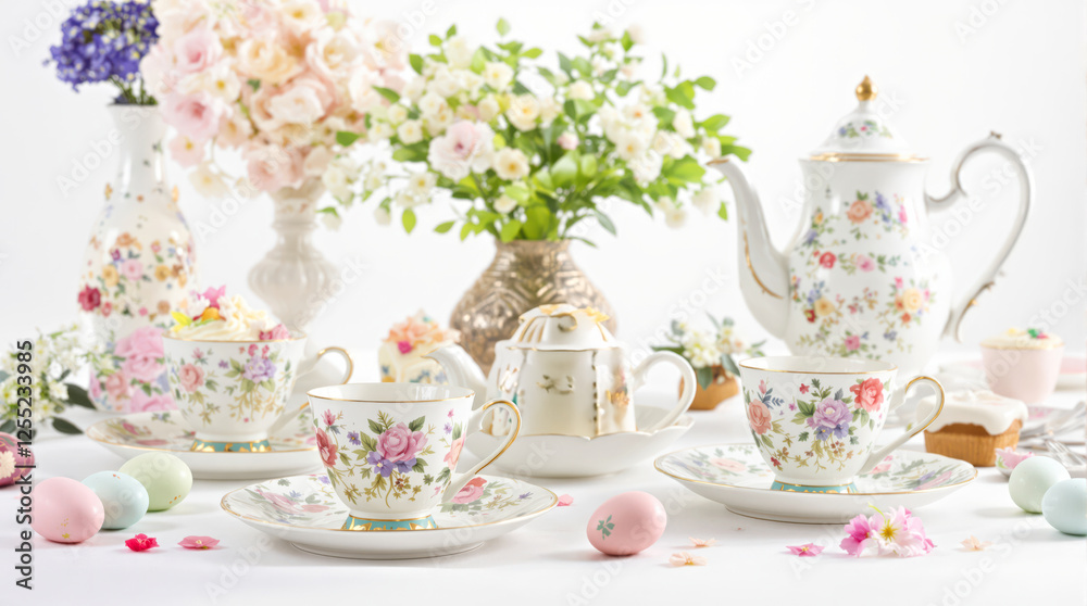 Fototapeta premium Elegant Easter Brunch with Painted Eggs and Traditional Glazed Pastries in Vintage Floral Porcelain. Easter concept