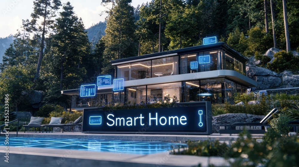 Naklejka premium Modern Smart Home with Advanced Technology and Automated Features Surrounded by Nature and Scenic Landscape