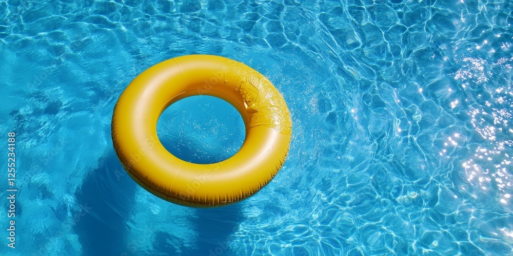 Yellow Inflatable Ring Floating, Summer Fun, Relaxation in Swimming Pool on Sunny Day Yellow Inflatable Ring Floating, Summer Fun, Relaxation in Swimming Pool on Sunny Day