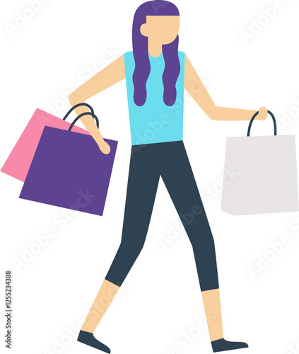 Happy female customer is walking home from shops carrying shopping bags with new purchases, enjoying her day out buying clothes and presents