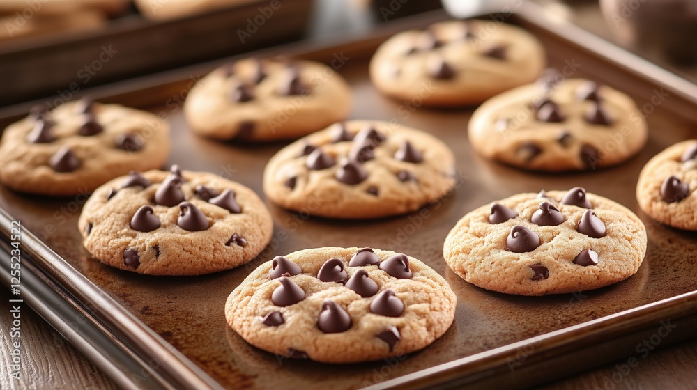 Cookies baking on a tray with chocolate chips in a warm kitchen Cookies baking on a tray with chocolate chips in a warm kitchen