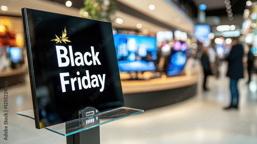 Fototapeta premium Black Friday Sale Sign in Retail Store with Modern Electronics Displaying Home Appliances and Technology Products
