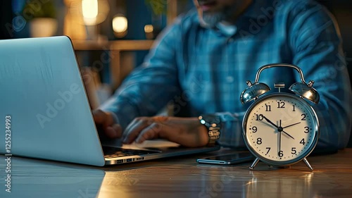 An alarm clock on the table in front of a business person working at a computer