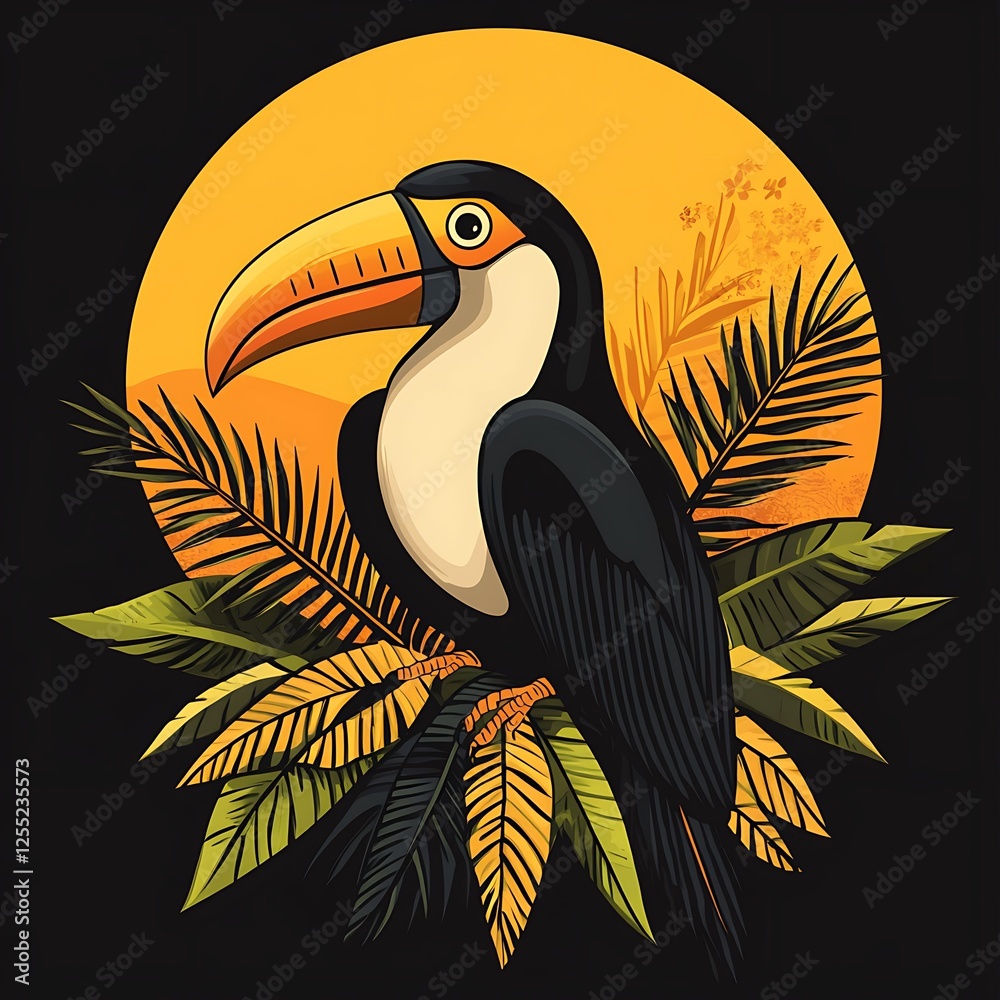 Fototapeta premium Toucan perched amongst tropical leaves, sunset background, artistic illustration, poster design