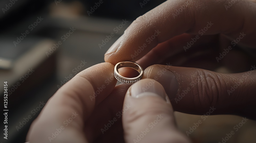 Close-up of jeweler's hands polishing a finished ring with meticulous attention to detail Close-up of jeweler's hands polishing a finished ring with meticulous attention to detail