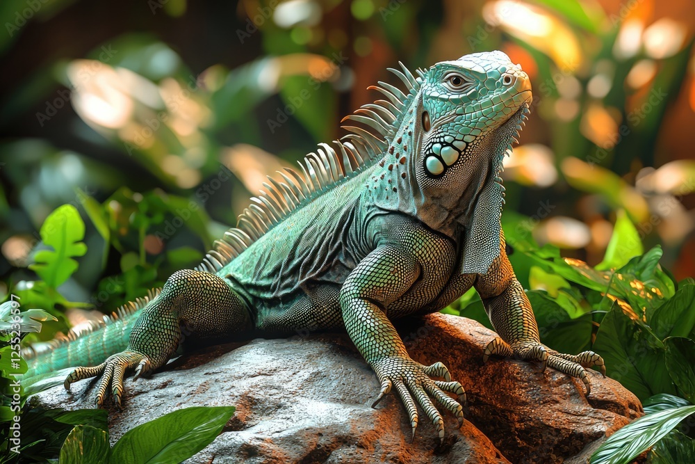 Green Iguana Reptile Resting On Rock Surrounded By Lush Greenery Green Iguana Reptile Resting On Rock Surrounded By Lush Greenery