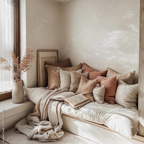Fototapeta Naklejka Na Ścianę i Meble -  Cozy reading nook featuring soft pillows, warm colors, and natural light in a serene indoor space
