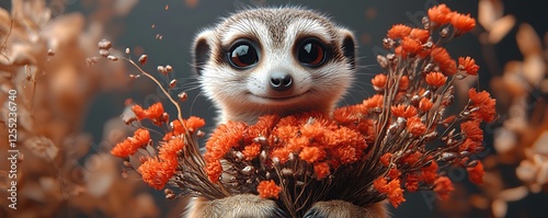 Cheerful Meerkat Holding a Bouquet of Vibrant Orange Flowers Against a Soft Background