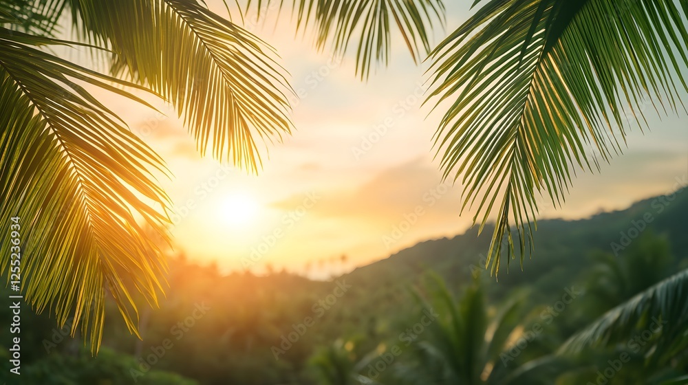 Fototapeta premium View of Lush Palm Trees Against Scenic Tropical Sunset on an Exotic Island
