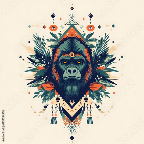 Gorilla design, tribal pattern, floral frame, symbolic art, poster print photo