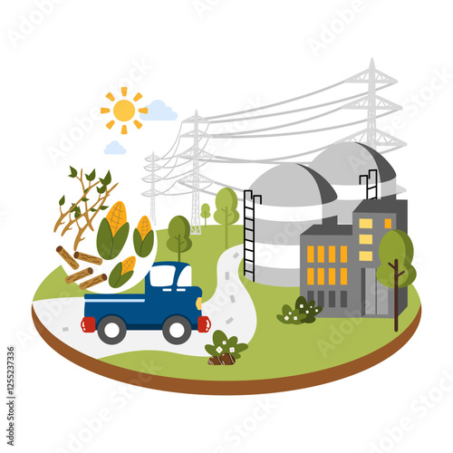A pickup truck loaded with wood scraps and corn is being transported to a biomass energy plant. The process of converting organic materials into renewable energy.