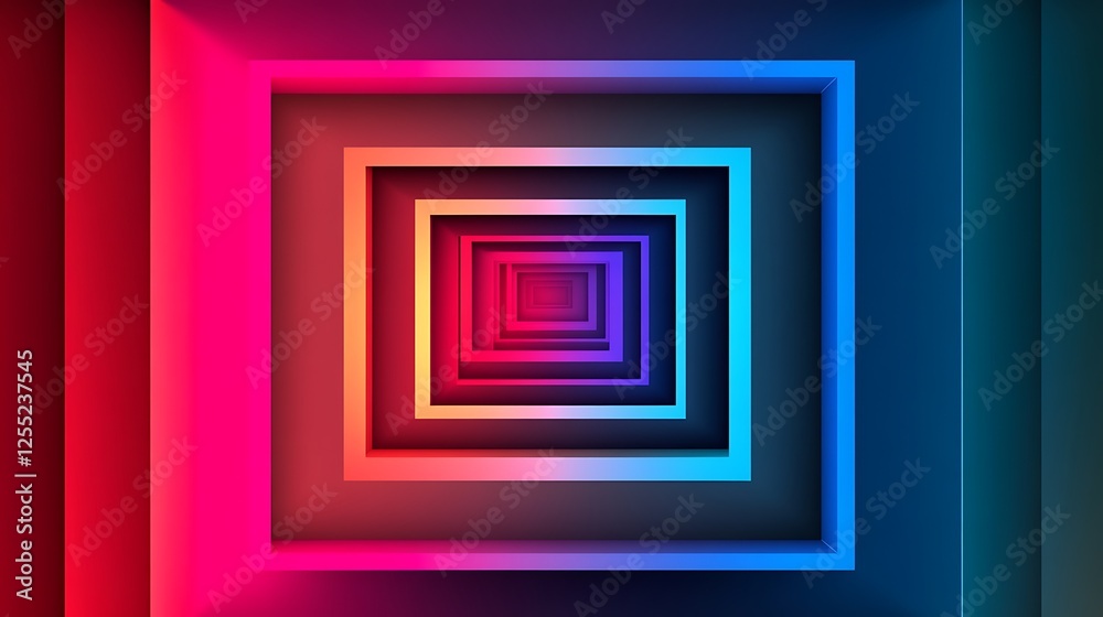 Abstract geometric tunnel, vibrant color gradient, perspective depth. Use in graphic design, backgrounds, or posters Abstract geometric tunnel, vibrant color gradient, perspective depth. Use in graphic design, backgrounds, or posters