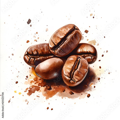 Close-Up View of Coffee Beans Depicted in Watercolor Style with Artistic Splashes