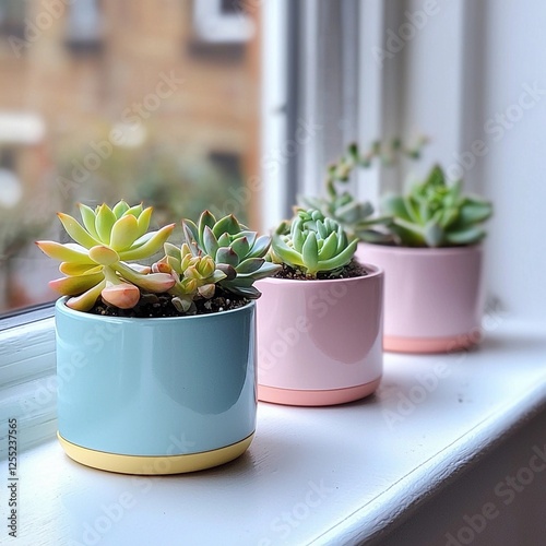 Succulent plants in colorful pots brighten a window sill in a cozy urban setting on a sunny day
