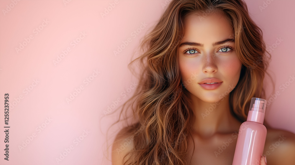 Fototapeta premium Gorgeous female model holding a skincare product in a minimalist beauty ad concept. Banner with copy space.