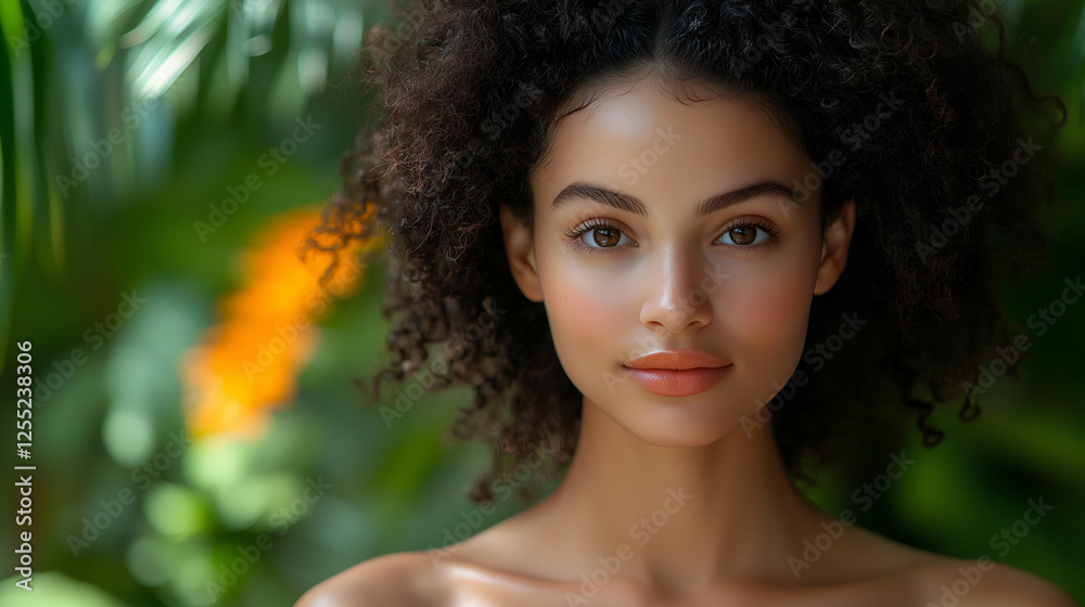 A portrait of an attractive woman with natural makeup and curly hair, standing in front of green plants, looking directly at the camera. She has warm brown eyes and is smiling.
