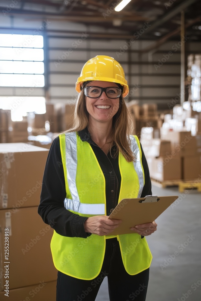 Warehouse manager overseeing inventory with clipboard, wearing safety gear, in storage facility. Logistics, teamwork, and operational efficiency in supply chain management.