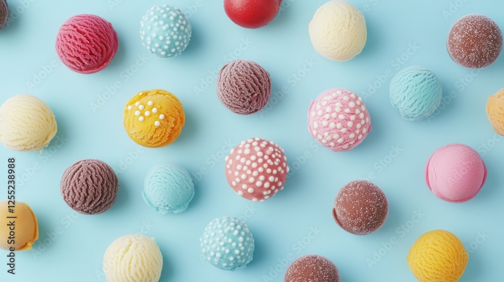 Fototapeta premium Colorful ice cream scoops on blue background, flat lay