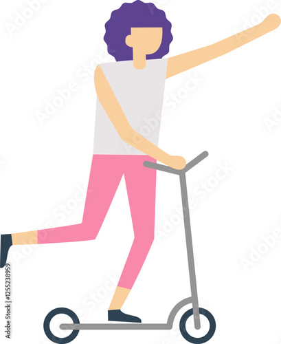 Young woman with vibrant purple hair, dressed in casual attire and pink leggings, riding a kick scooter while cheerfully waving with one hand, embodies a carefree urban lifestyle