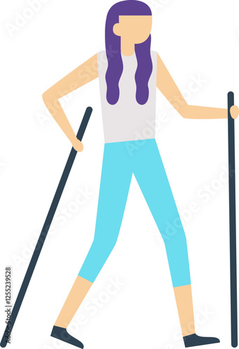 Purple haired woman practicing nordic walking with sticks, improving her physical condition and enjoying outdoor activity promoting healthy lifestyle
